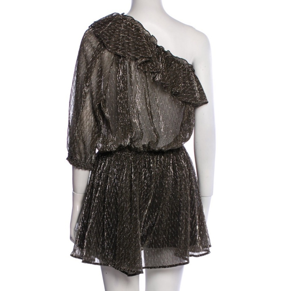 IRO Paris Payham Black Gold Lame One Shoulder Ruffle Sheer Jumpsuit Romper Large - Picture 10 of 17
